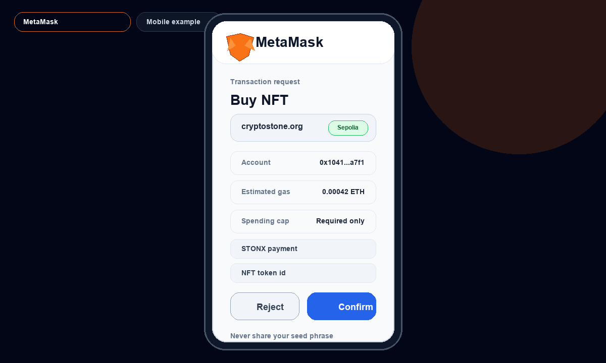 MetaMask mobile example screen