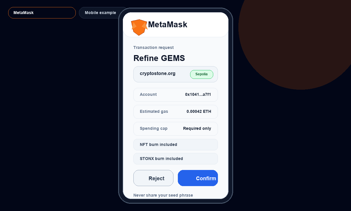 MetaMask mobile example screen